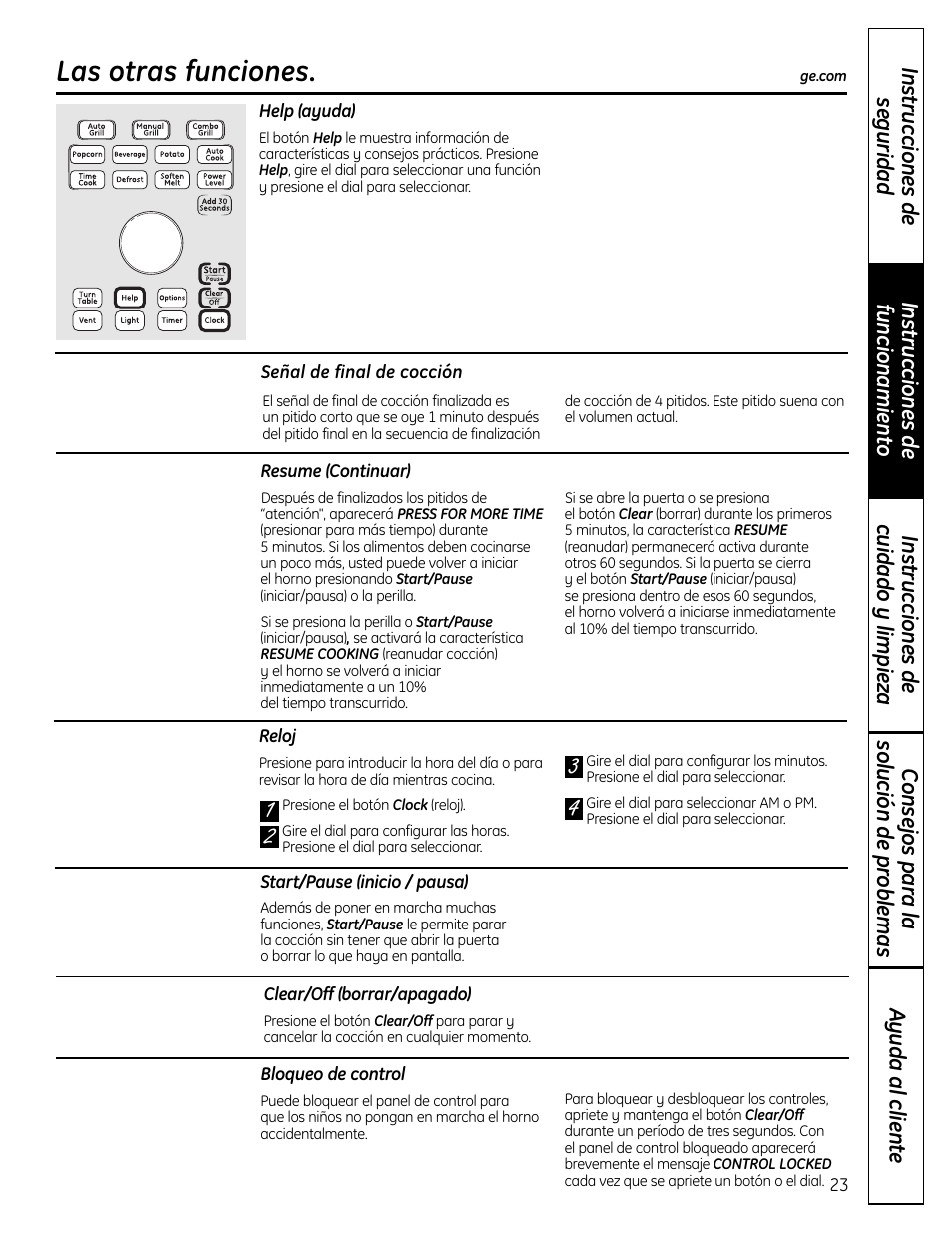 Otras funciones, Bloqueo de controle, Clear/off (borrar/apagado) | Help (ayuda), Reloj, Resume (continuar), Señal de final de cocción, Start/pause (inicio/pausa), Otras funciones –25, Bloqueo de controle clear/off (borrar/apagado) | GE DVM1665 User Manual | Page 59 / 72