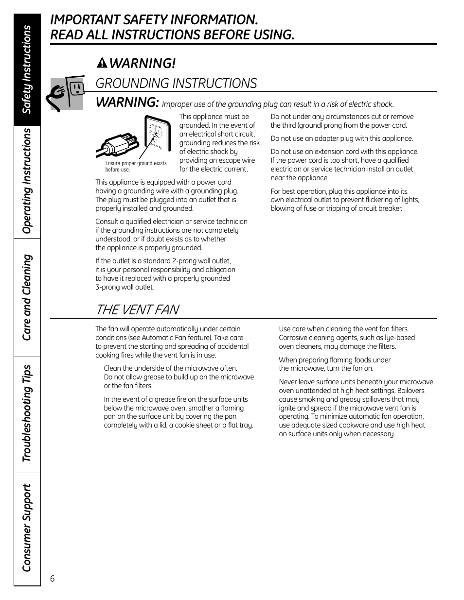The vent fan, Warning! warning | GE DVM1665 User Manual | Page 6 / 72