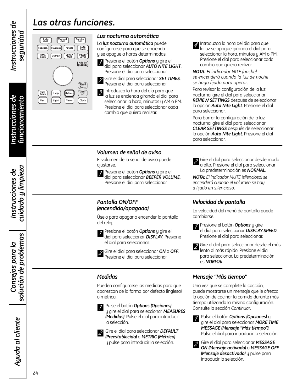 Luz nocturna automática, Medidas, Mensaje “más tiempo | Pantalla on/off(encendida/apagada), Velocidad de pantalla, Volumen de señal de aviso, Velocidad de pantalla volumen de señal de aviso, Las otras funciones | GE DVM1665 User Manual | Page 60 / 72