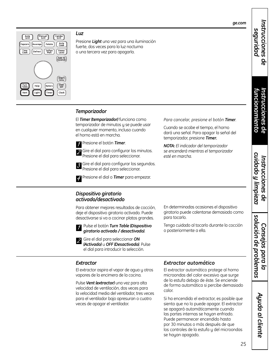 Activación/desactivación del dispositivo giratorio, Extractor, Extractor automático | Temporizador, Extractor extractor automático | GE DVM1665 User Manual | Page 61 / 72