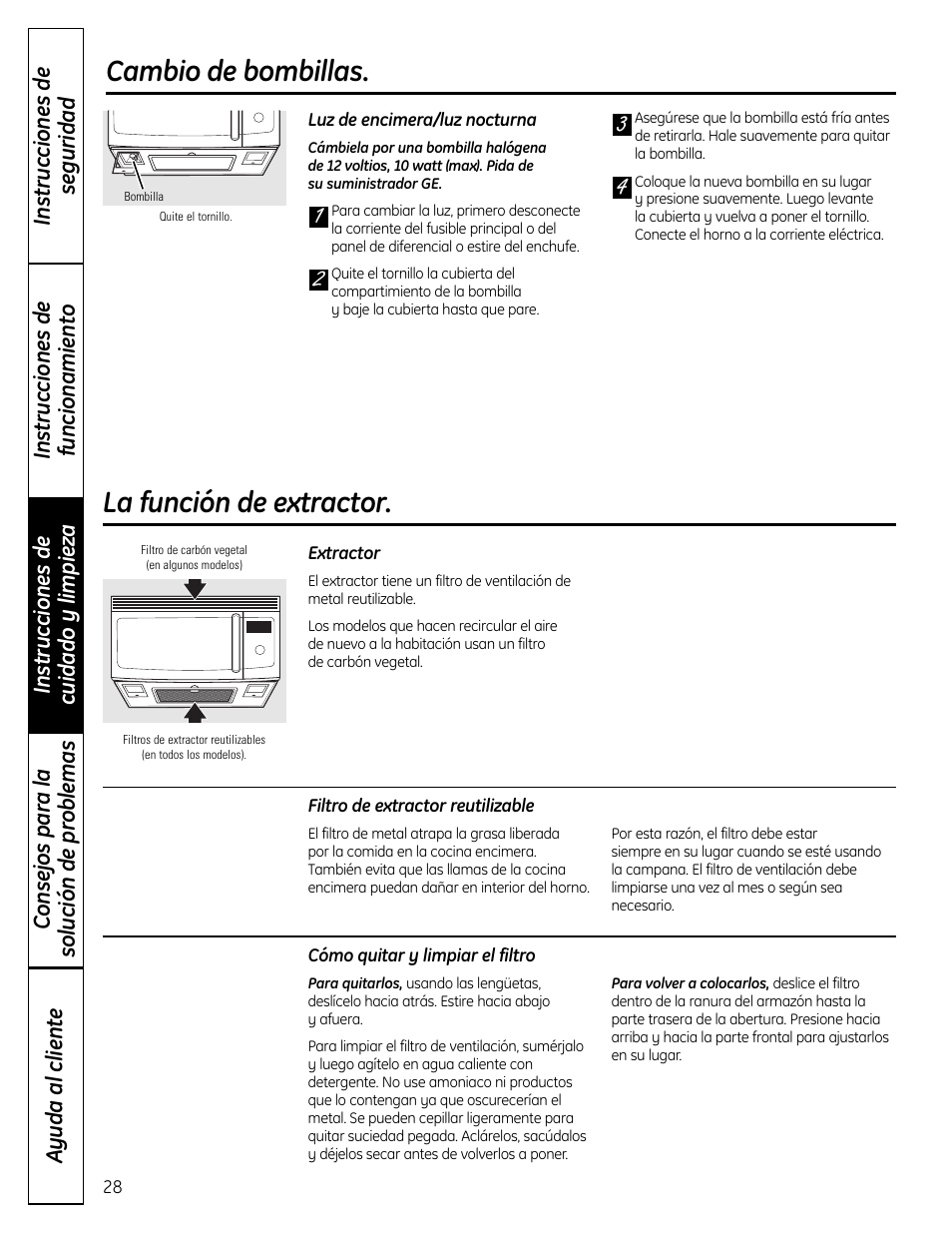 Filtros del extractor, Reemplazo de bombillas, La función de extractor | Cambio de bombillas | GE DVM1665 User Manual | Page 64 / 72
