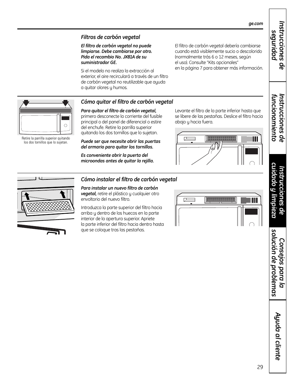 Filtros de carbón vegetal | GE DVM1665 User Manual | Page 65 / 72