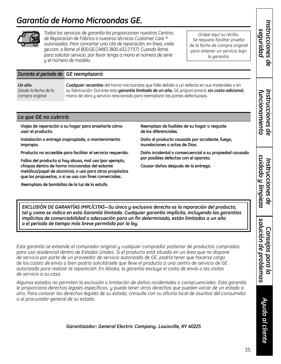 Garantía, Garantía de horno microondas ge | GE DVM1665 User Manual | Page 71 / 72