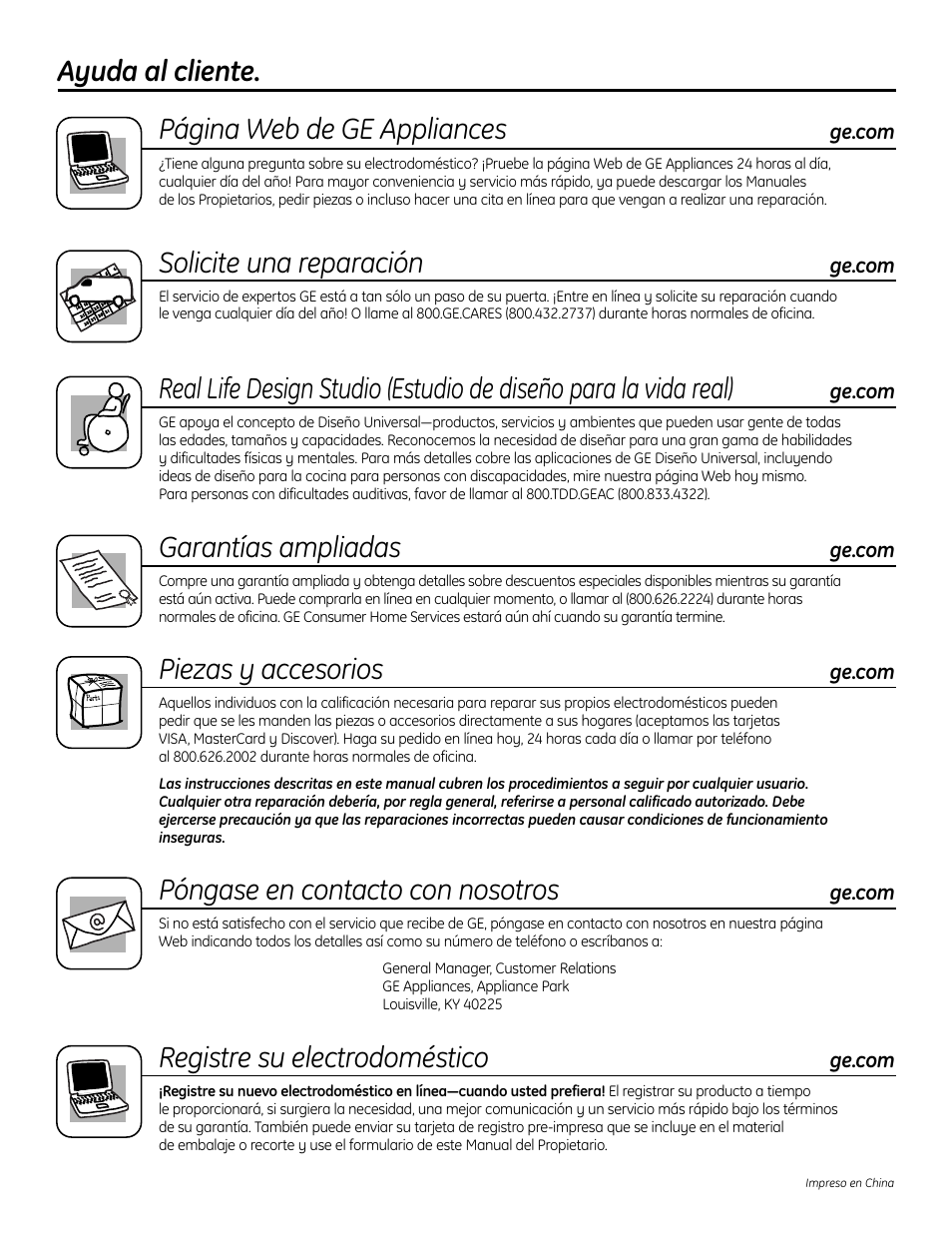 Ayuda al cliente, Ayuda al cliente . . . . cubierta trasera, Ayuda al cliente. página web de ge appliances | Solicite una reparación, Garantías ampliadas, Piezas y accesorios, Póngase en contacto con nosotros, Registre su electrodoméstico | GE DVM1665 User Manual | Page 72 / 72