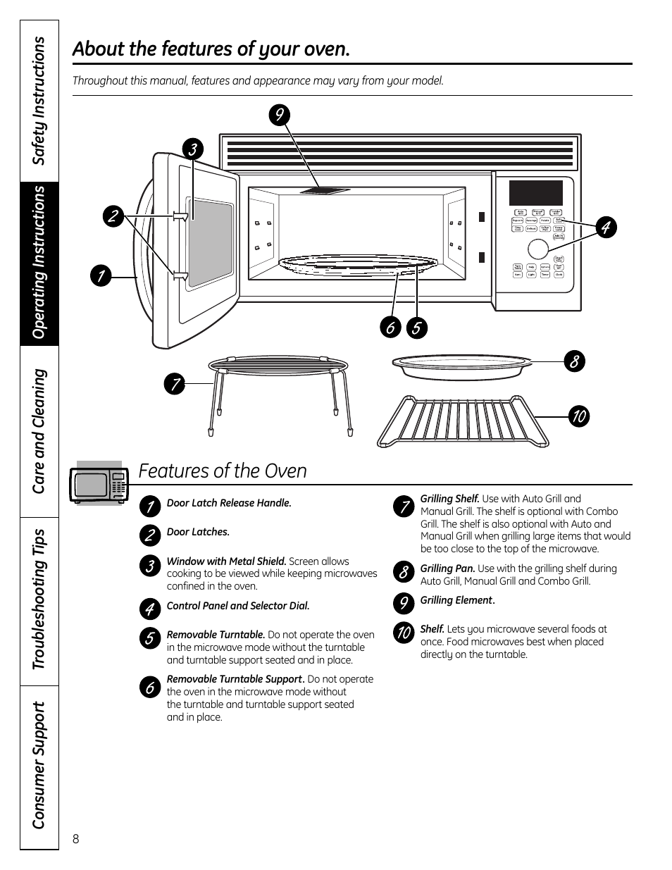Features of your oven, Features of your oven , 9, About the features of your oven | Features of the oven | GE DVM1665 User Manual | Page 8 / 72