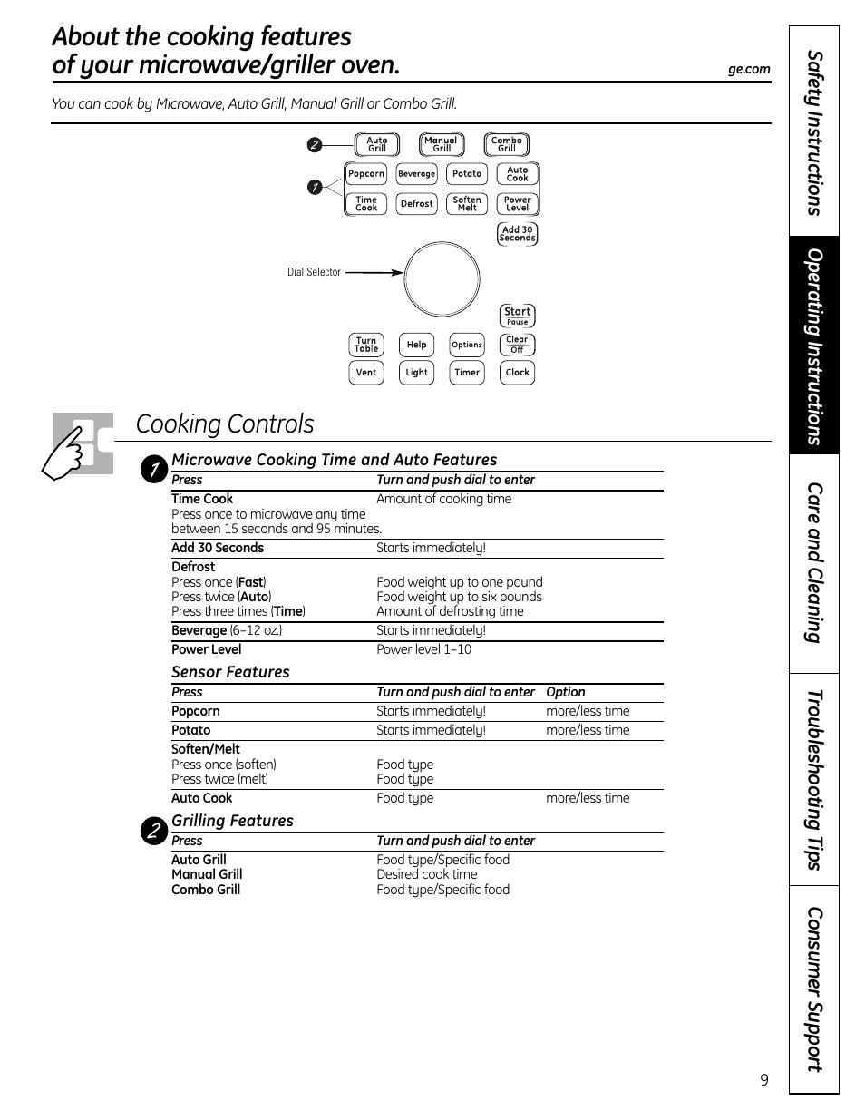 Time and auto features, Time and auto features , 11–13, Cooking controls | GE DVM1665 User Manual | Page 9 / 72