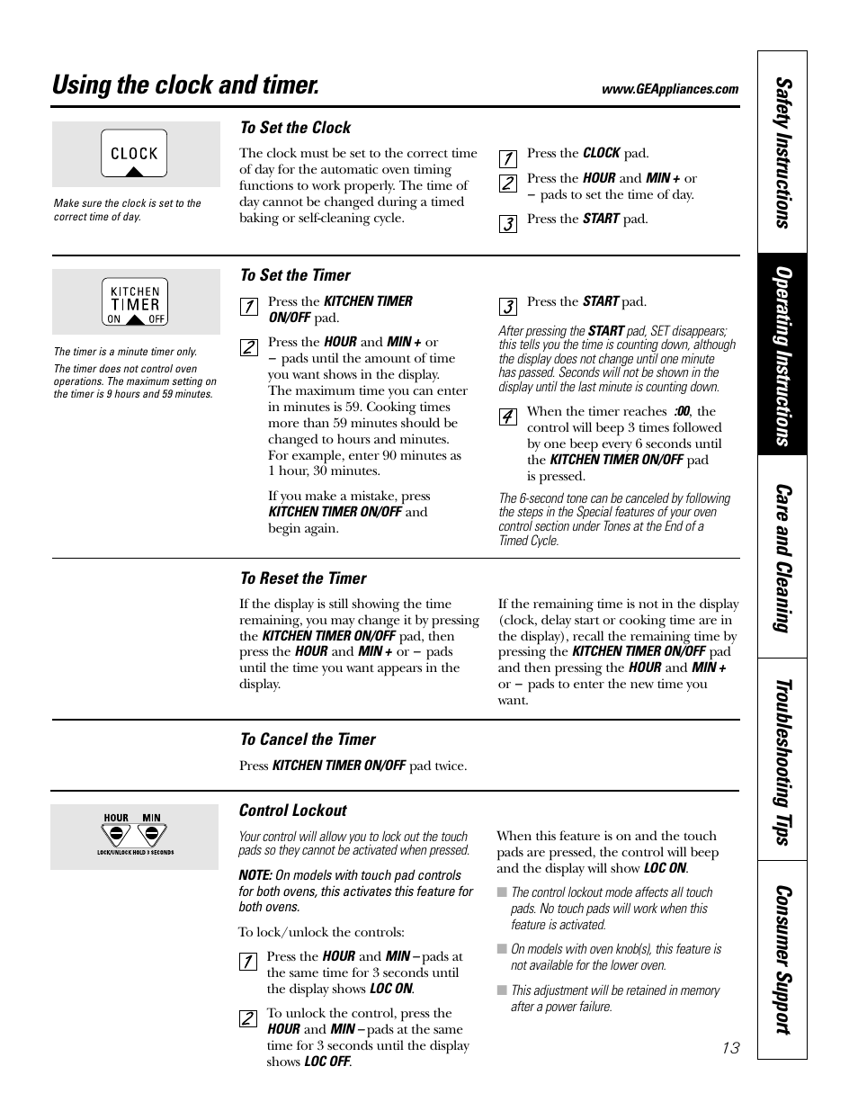 Clock and timer, Control lockout, Clock and timer control lockout | Using the clock and timer | GE JKP20 User Manual | Page 13 / 28