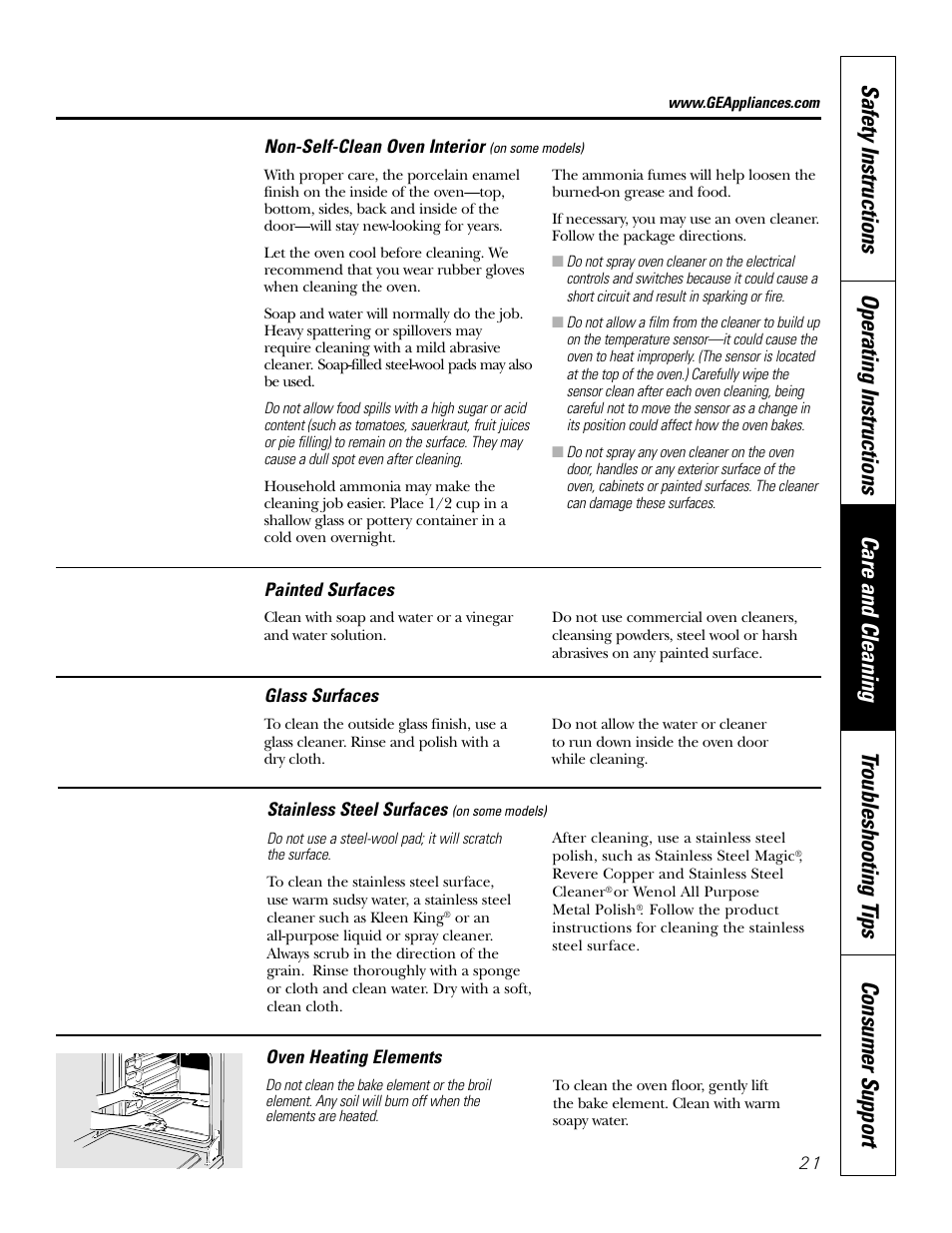 Glass surfaces, Heating element, Oven interior | Painted surfaces, Stainless steel surfaces, Glass surfaces heating element | GE JKP20 User Manual | Page 21 / 28
