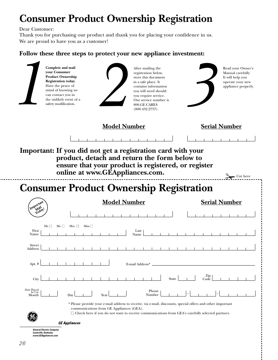 Consumer product ownership registration, Model number serial number | GE JKP20 User Manual | Page 26 / 28