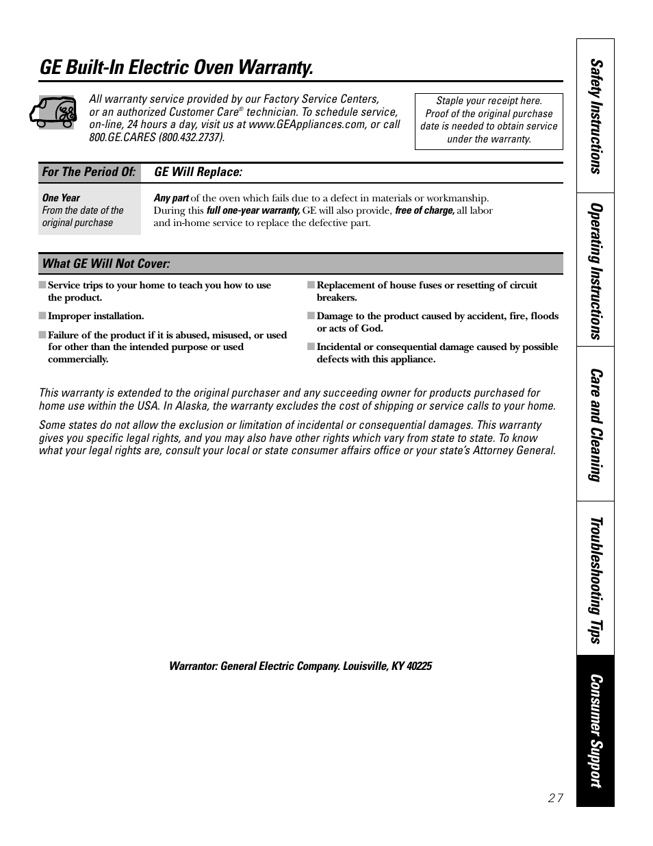 Warranty, Ge built-in electric oven warranty | GE JKP20 User Manual | Page 27 / 28