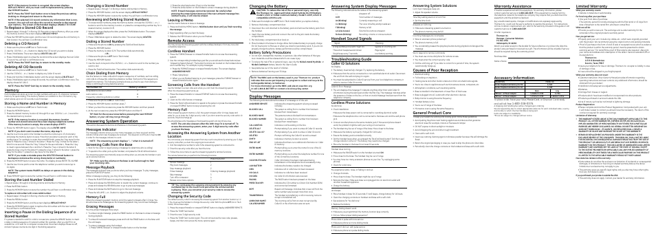 Answering system operation, Remote access, Changing the battery | Answering system display messages, Handset sound signals, Troubleshooting guide, Causes of poor reception, General product care, Warranty assistance, Limited warranty | GE 27851GE1 User Manual | Page 2 / 2