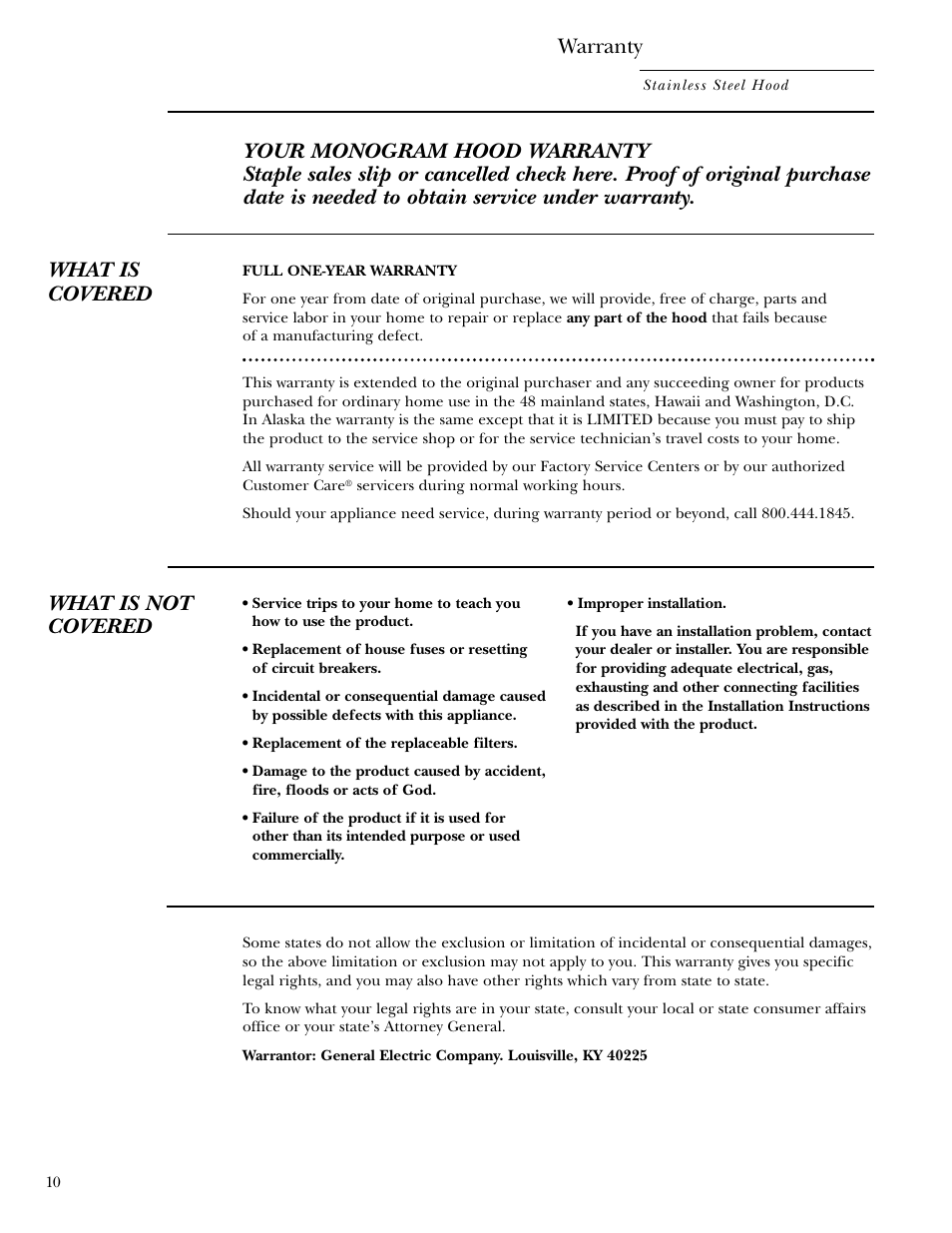 Warranty, What is not covered | GE ZV950 User Manual | Page 10 / 12