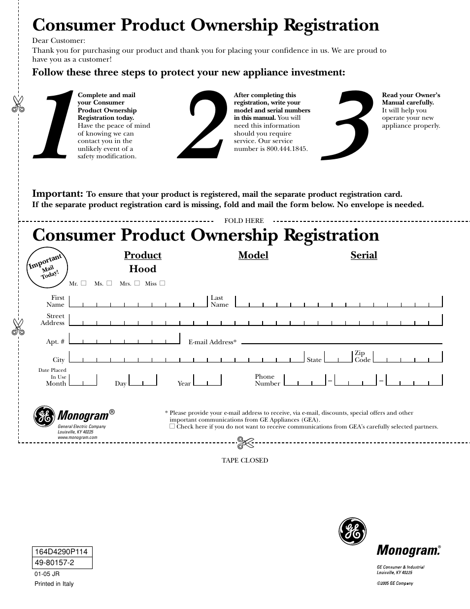 Product registration, Product registration , 12, Consumer product ownership registration | GE ZV950 User Manual | Page 12 / 12