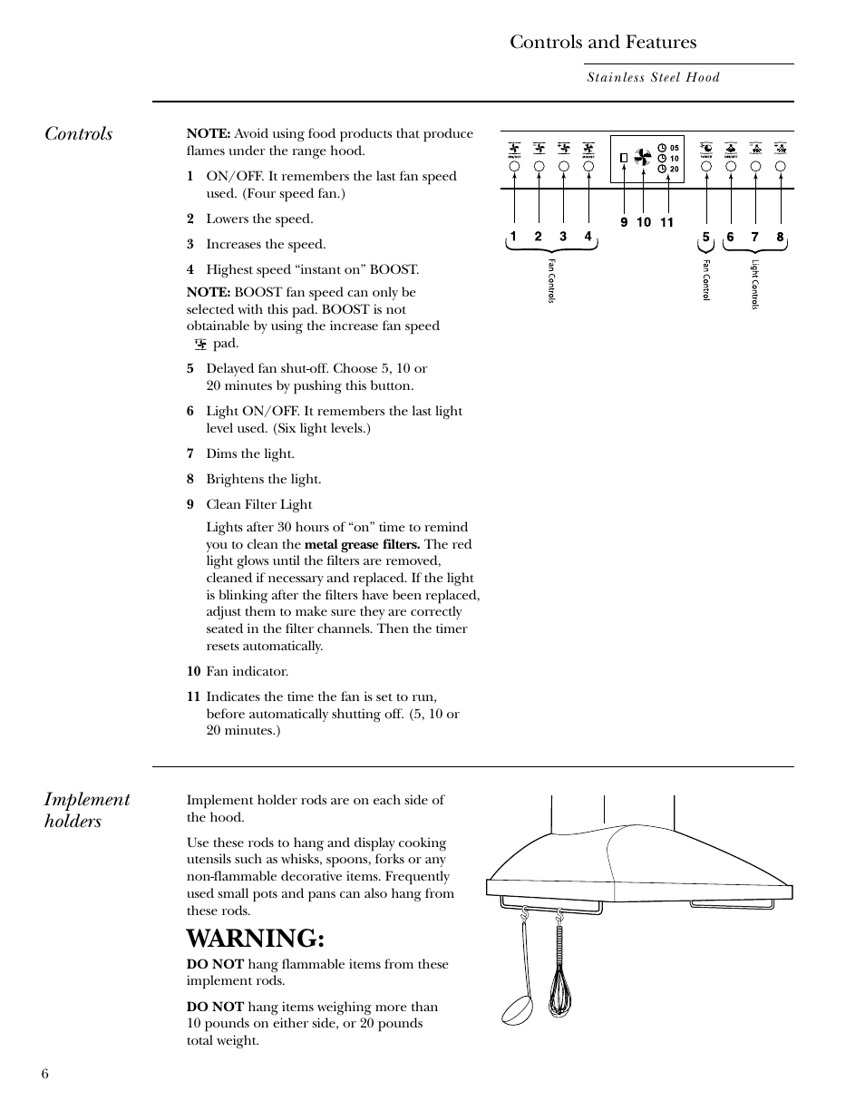 Controls and features, Warning, Controls | Implement holders | GE ZV950 User Manual | Page 6 / 12