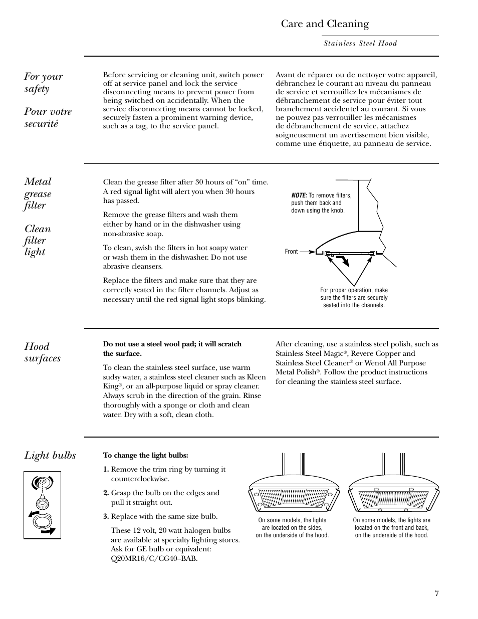 Light bulbs, Metal grease filter, Light bulbs metal grease filter | Care and cleaning, For your safety pour votre securité, Metal grease filter clean filter light, Hood surfaces | GE ZV950 User Manual | Page 7 / 12