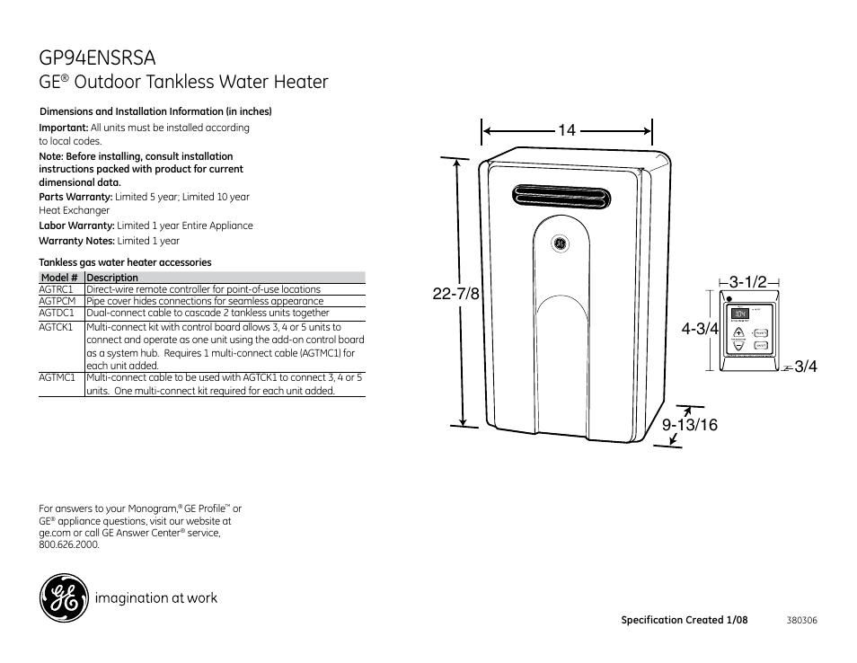 GE GP94ENSRSA User Manual | 4 pages