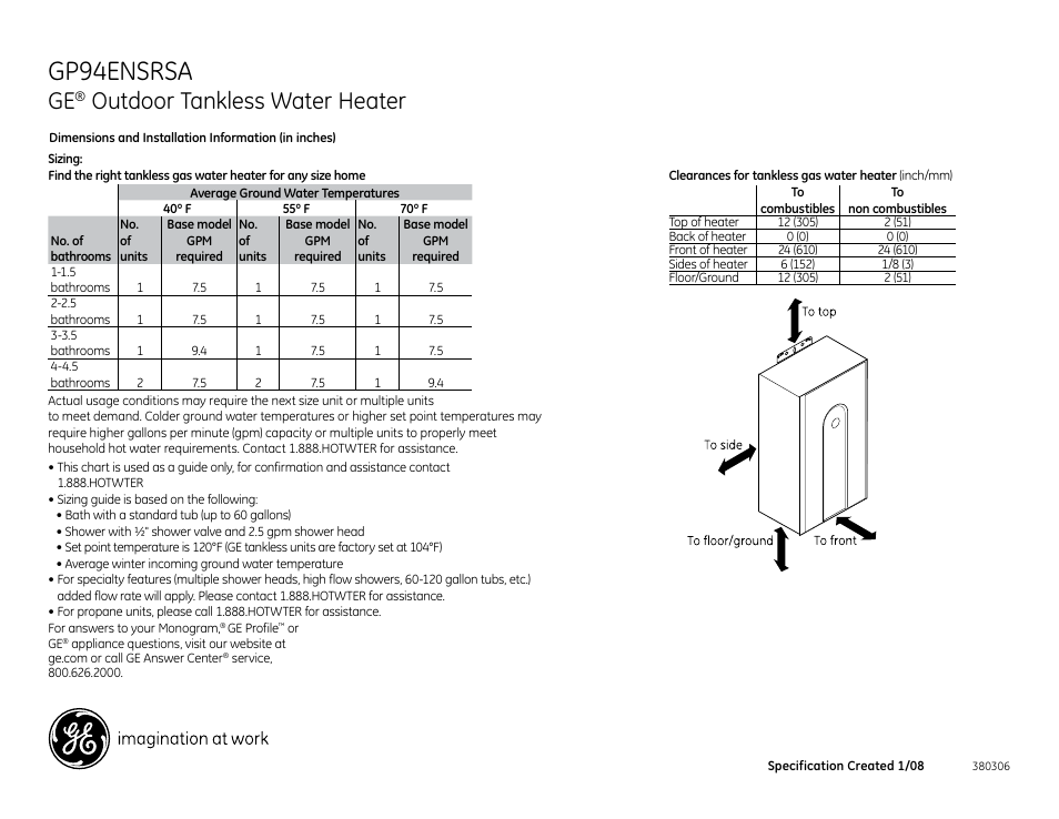 Gp94ensrsa, Outdoor tankless water heater | GE GP94ENSRSA User Manual | Page 2 / 4