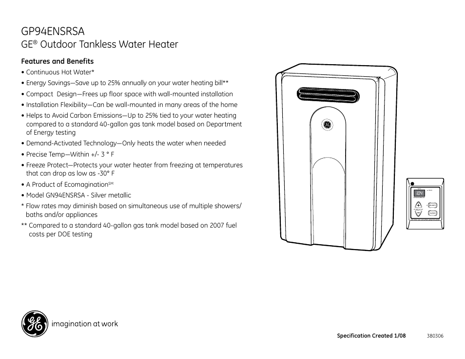 Gp94ensrsa, Outdoor tankless water heater | GE GP94ENSRSA User Manual | Page 4 / 4