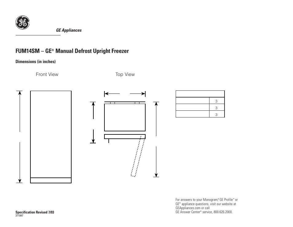 GE FUM14SM User Manual | 2 pages