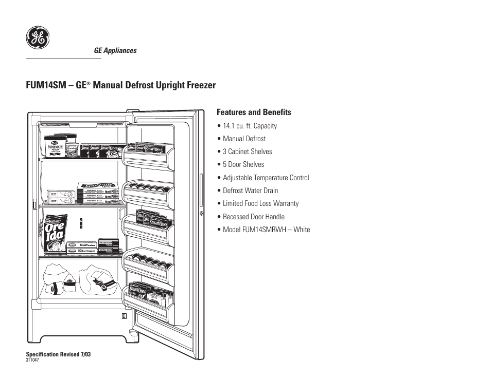 Fum14sm – ge, Manual defrost upright freezer | GE FUM14SM User Manual | Page 2 / 2