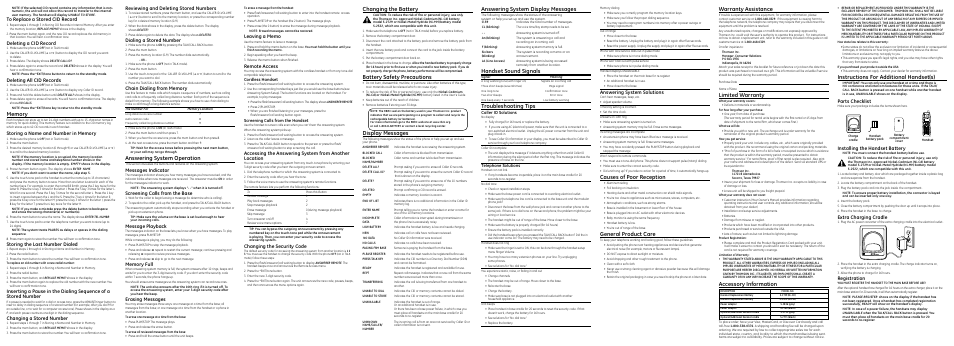 Answering system operation, Answering system display messages, Handset sound signals | Troubleshooting tips, Warranty assistance, Limited warranty, Instructions for additional handset(s), Causes of poor reception, General product care, Changing the battery | GE 25942GE1 User Manual | Page 2 / 2