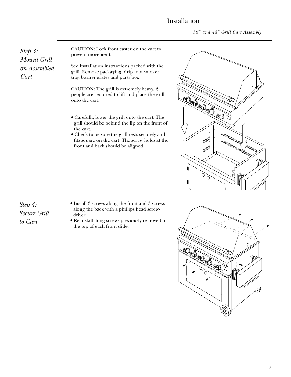 Installation, Step 3: mount grill on assembled cart, Step 4: secure grill to cart | GE MONOGRAM ZX48CTYSS User Manual | Page 3 / 4