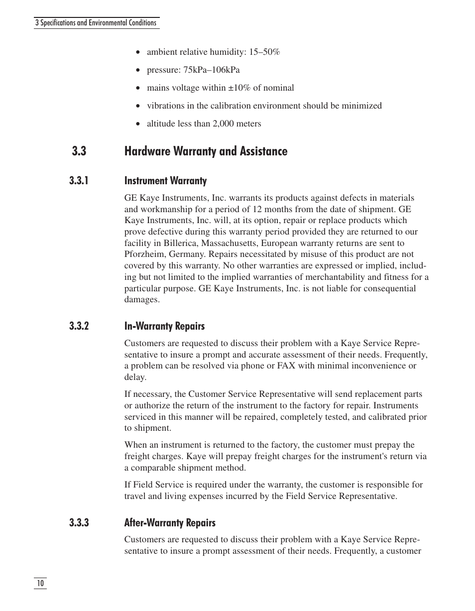 3 hardware warranty and assistance 10, 1 instrument warranty 10, 2 in-warranty repairs 10 | 3 after-warranty repairs 10, 3 hardware warranty and assistance | GE CTR 80 User Manual | Page 17 / 61