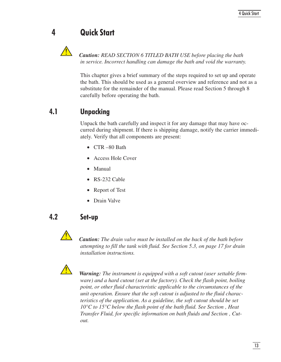 4 quick start 13, 1 unpacking 13, 2 set-up 13 | Quick start, 1 unpacking, 2 set-up, 4quick start | GE CTR 80 User Manual | Page 19 / 61