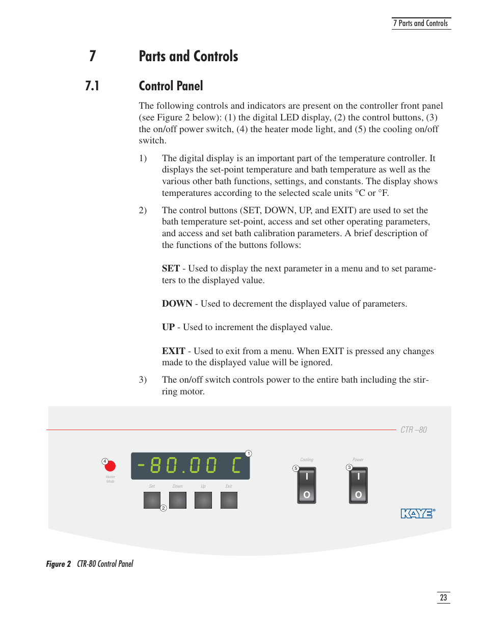 7 parts and controls 23, 1 control panel 23, Figure 2 ctr-80 control panel 23 | Parts and controls, 1 control panel, Figure 2, Ctr-80 control panel, 00 c, 7parts and controls | GE CTR 80 User Manual | Page 27 / 61