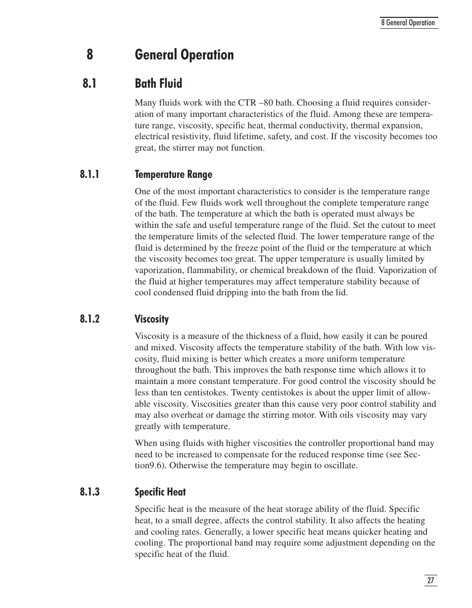8 general operation 27, 1 bath fluid 27, 1 temperature range 27 | 2 viscosity 27, 3 specific heat 27, General operation, 1 bath fluid, 8general operation | GE CTR 80 User Manual | Page 30 / 61