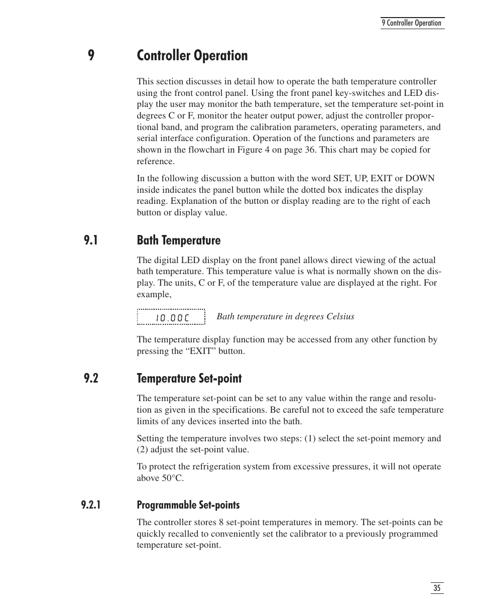 9 controller operation 35, 1 bath temperature 35, 2 temperature set-point 35 | 1 programmable set-points 35, Controller operation, 1 bath temperature, 2 temperature set-point, 1 programmable set-points, 9controller operation | GE CTR 80 User Manual | Page 38 / 61