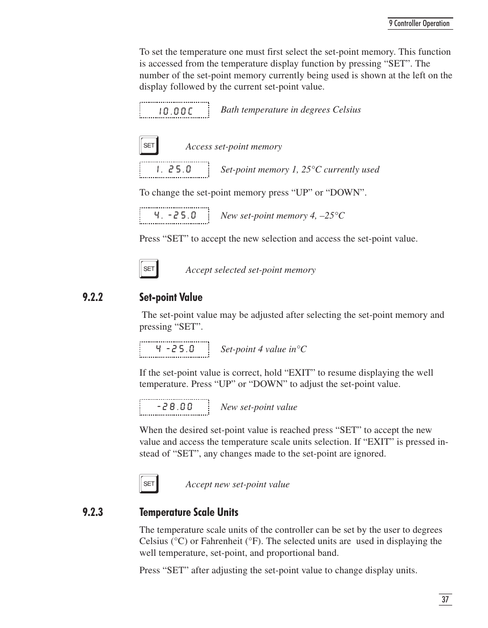 2 set-point value 37, 3 temperature scale units 37, 2 set-point value 9.2.3 temperature scale units | GE CTR 80 User Manual | Page 40 / 61
