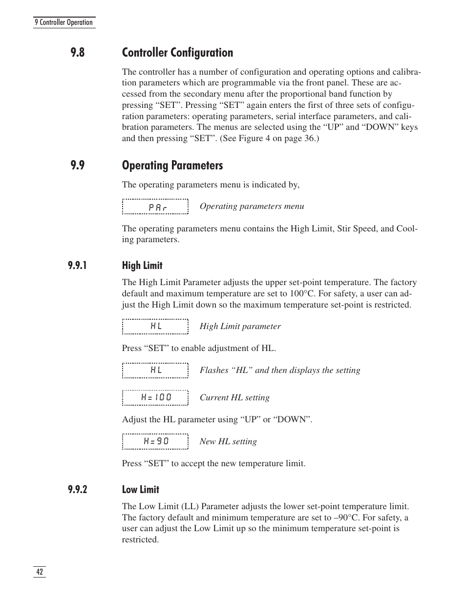 8 controller configuration 42, 9 operating parameters 42, 1 high limit 42 | 2 low limit 42, 8 controller configuration, 9 operating parameters, 1 high limit 9.9.2 low limit | GE CTR 80 User Manual | Page 45 / 61