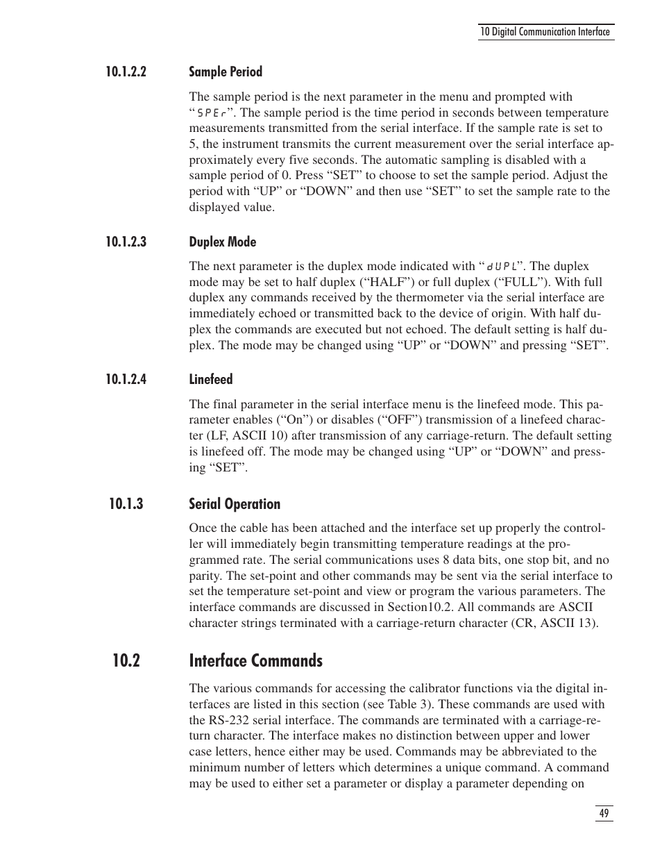 2 sample period 49, 3 duplex mode 49, 4 linefeed 49 | 3 serial operation 49, 2 interface commands 49, 3 serial operation, 2 interface commands | GE CTR 80 User Manual | Page 52 / 61