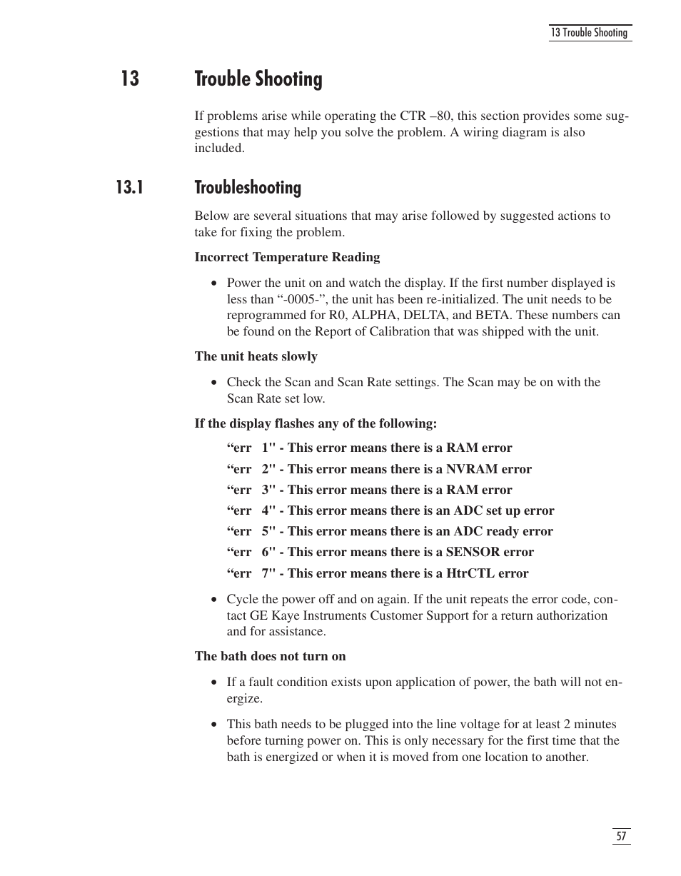 13 trouble shooting 57, 1 troubleshooting 57, 13 trouble shooting | 1 troubleshooting | GE CTR 80 User Manual | Page 59 / 61