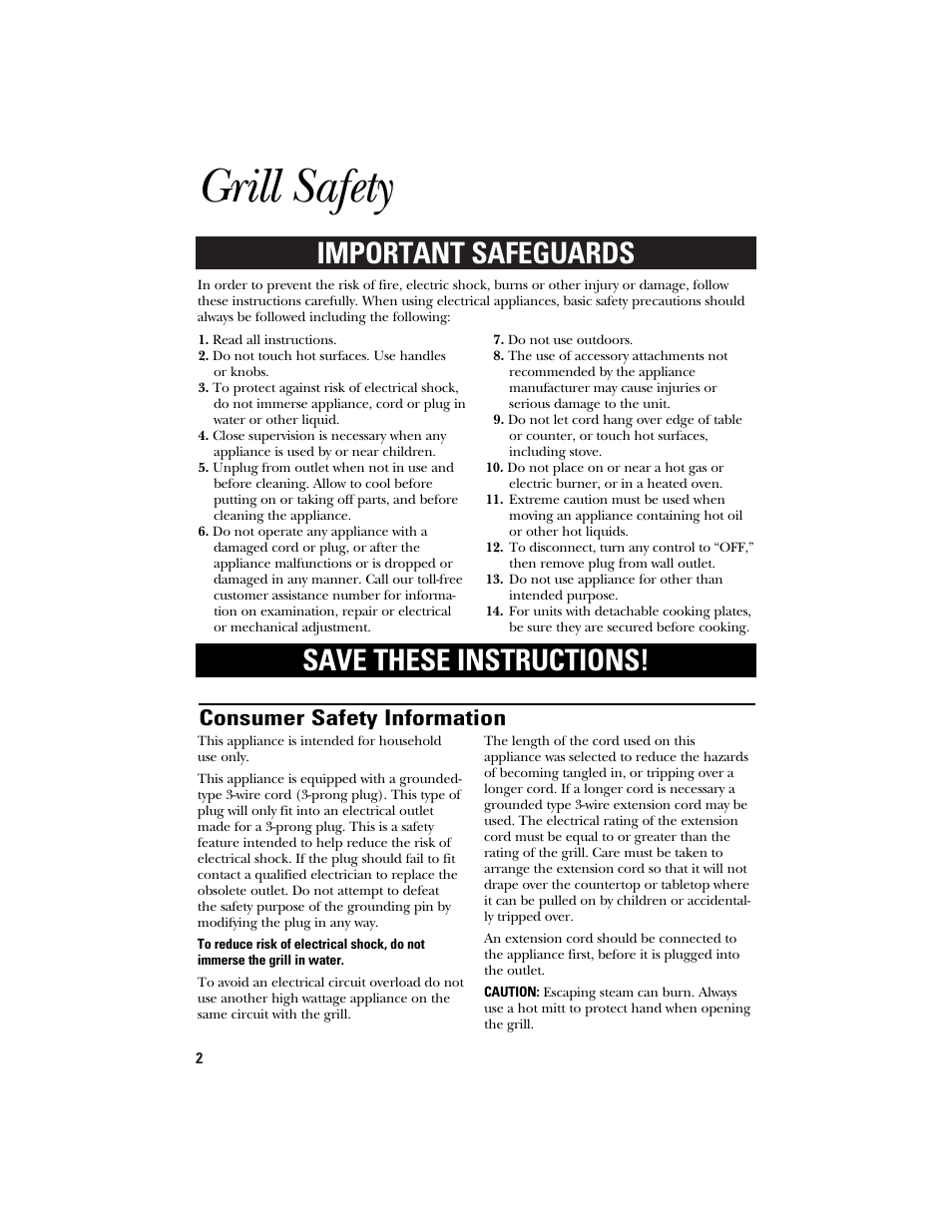 Grill safety, Important safeguards save these instructions, Consumer safety information | GE 106621 User Manual | Page 2 / 8
