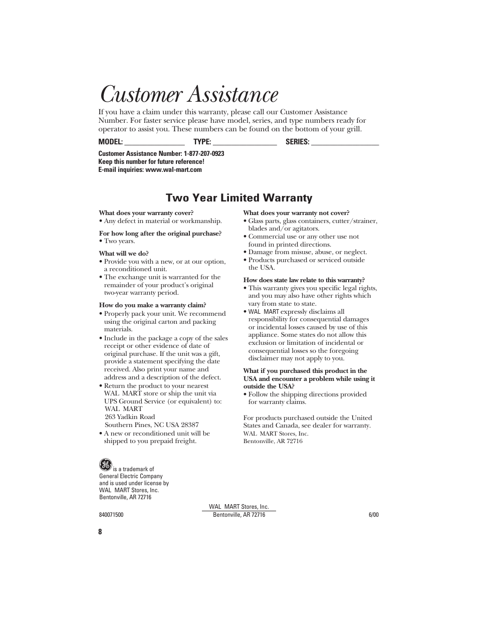 Customer assistance, Warranty, Two year limited warranty | GE 106621 User Manual | Page 8 / 8