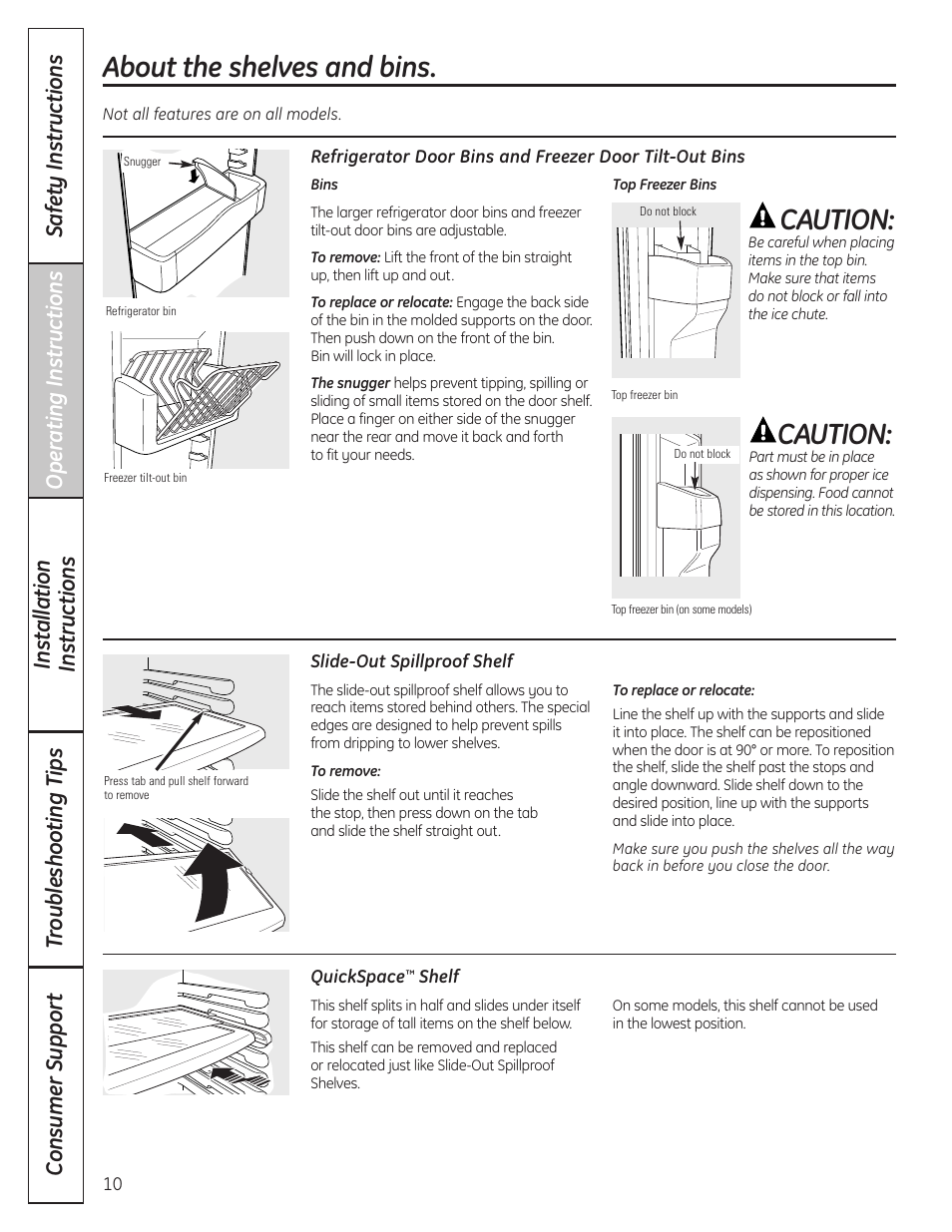 Shelves and bins, Shelves and bins , 11, About the shelves and bins | Caution | GE 23 User Manual | Page 10 / 132