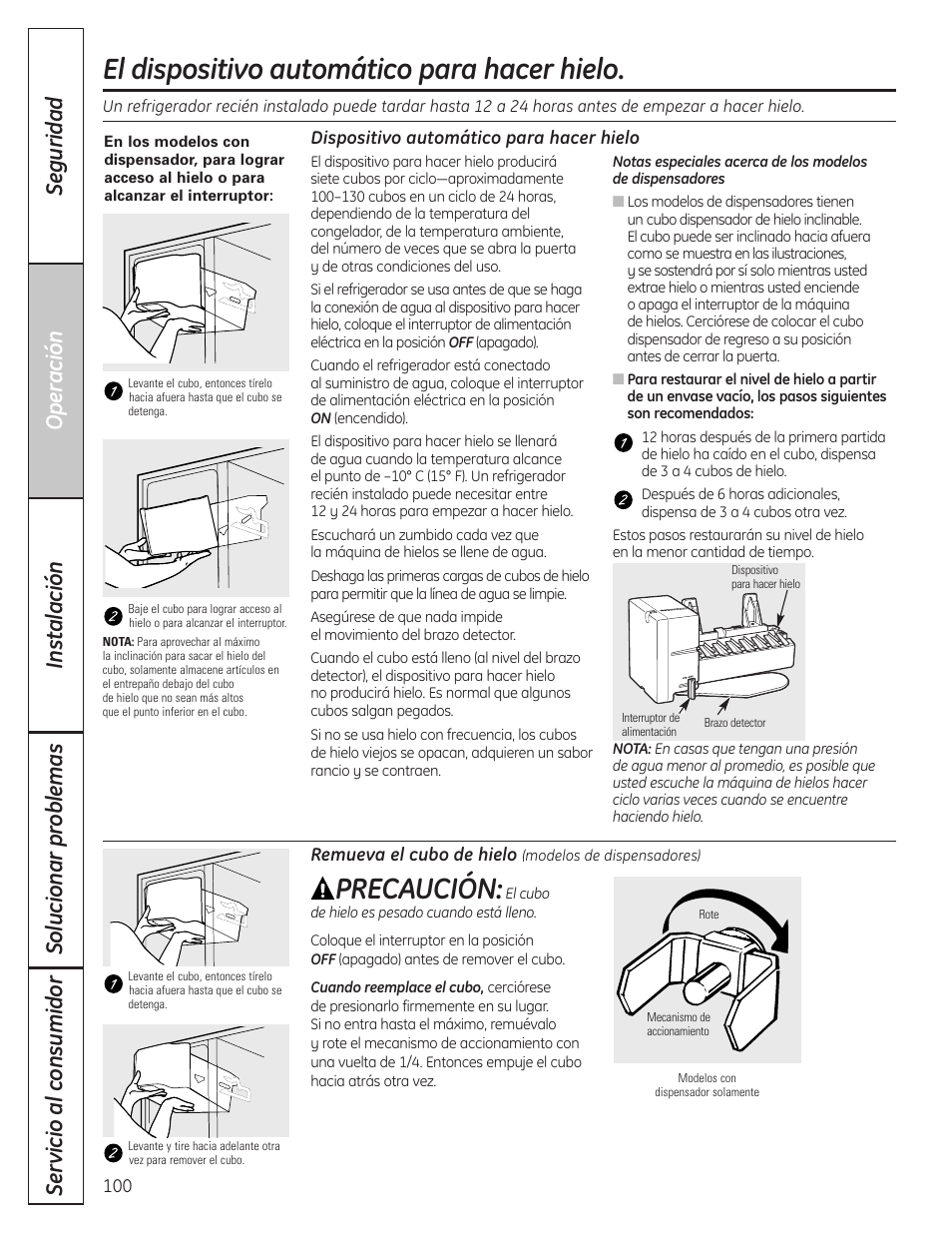 El dispositivo automático para hacer hielo, Precaución | GE 23 User Manual | Page 100 / 132