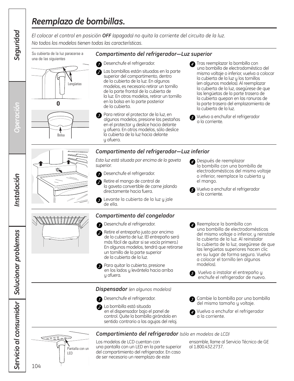 Reemplazo de bombillas | GE 23 User Manual | Page 104 / 132