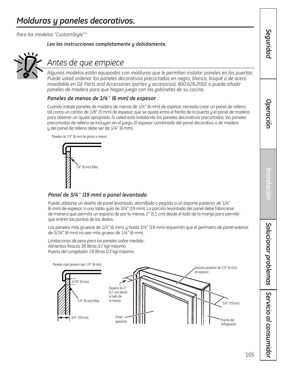 Molduras y paneles decorativos, Molduras y paneles decorativos –108, Antes de que empiece | GE 23 User Manual | Page 105 / 132