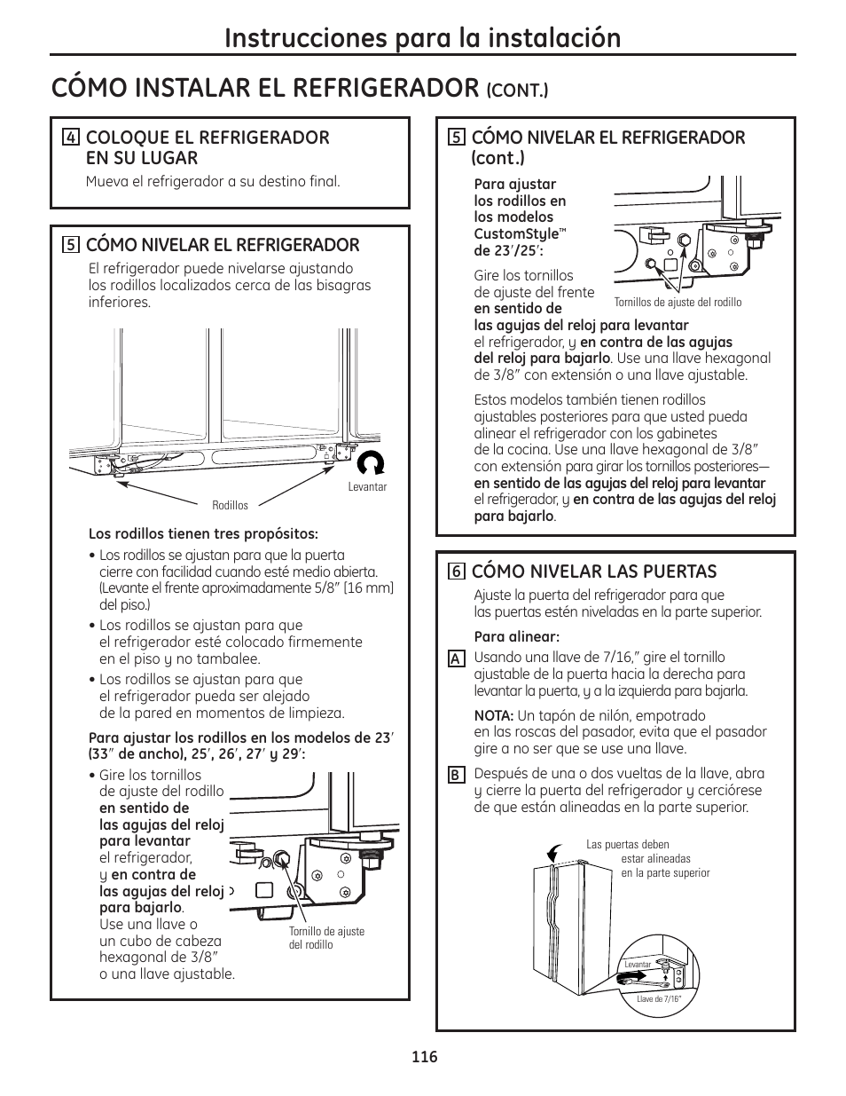 Cont.) coloque el refrigerador en su lugar, Cómo nivelar el refrigerador (cont.), Cómo nivelar el refrigerador | Cómo nivelar las puertas | GE 23 User Manual | Page 116 / 132