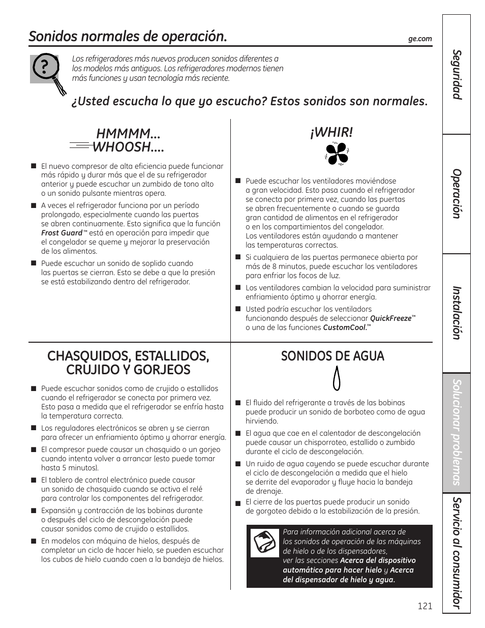 Solucionar problemas, Sonidos normales de la operación, Sonidos normales de operación | Chasquidos, estallidos, crujido y gorjeos, Sonidos de agua, Whir | GE 23 User Manual | Page 121 / 132
