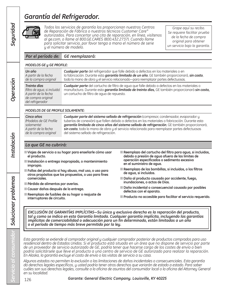 Garantía, Garantía del refrigerador | GE 23 User Manual | Page 126 / 132