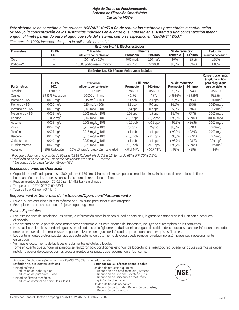 Hoja de datos de funcionamiento | GE 23 User Manual | Page 127 / 132