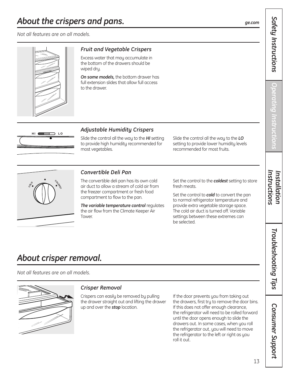 Crispers and pans, About the crispers and pans, About crisper removal | GE 23 User Manual | Page 13 / 132