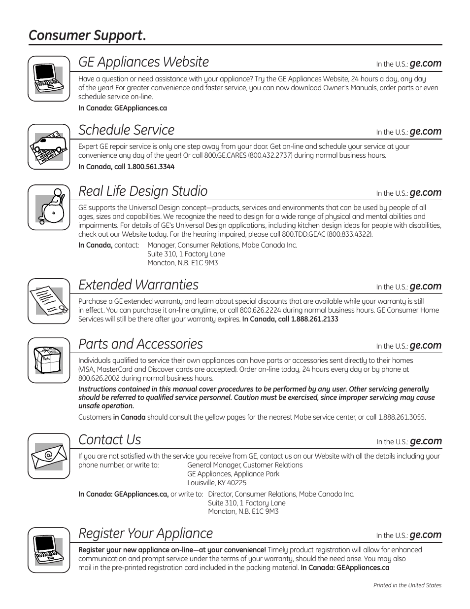 Consumer support, Consumer support . . . . . . . .back cover, Consumer support. ge appliances website | Schedule service, Real life design studio, Extended warranties, Parts and accessories, Contact us, Register your appliance | GE 23 User Manual | Page 132 / 132