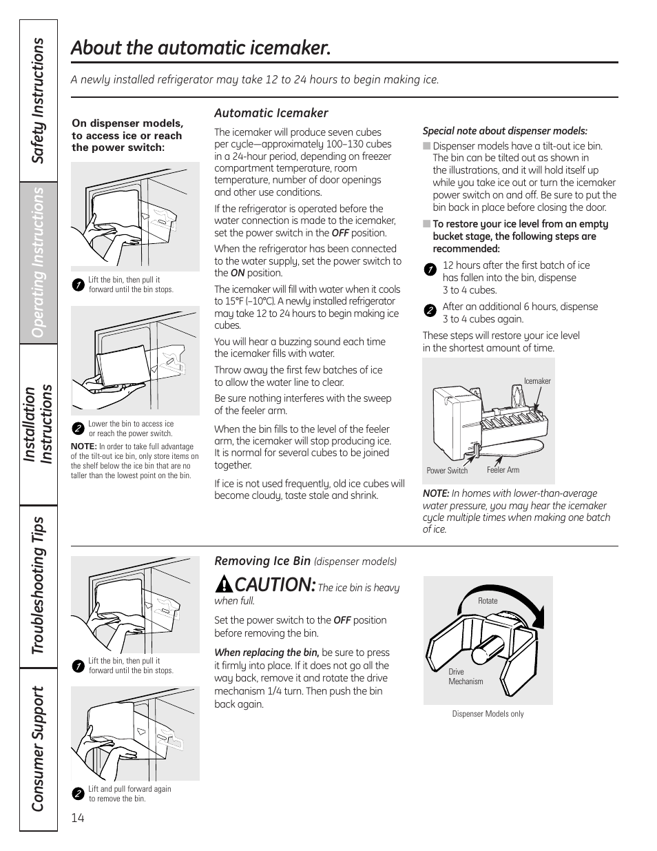 Automatic icemaker, About the automatic icemaker, Caution | GE 23 User Manual | Page 14 / 132