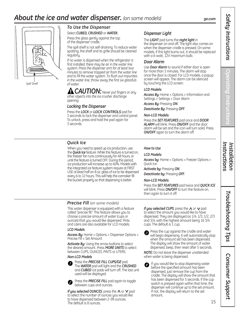 Ice and water dispenser, Quick ice, Ice and water dispenser , 16 | About the ice and water dispenser, Caution | GE 23 User Manual | Page 15 / 132