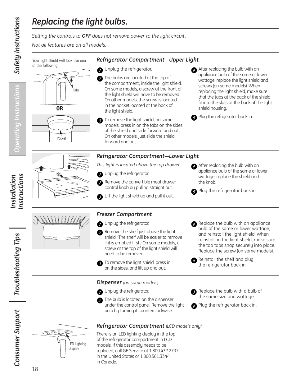 Replacing the light bulbs | GE 23 User Manual | Page 18 / 132